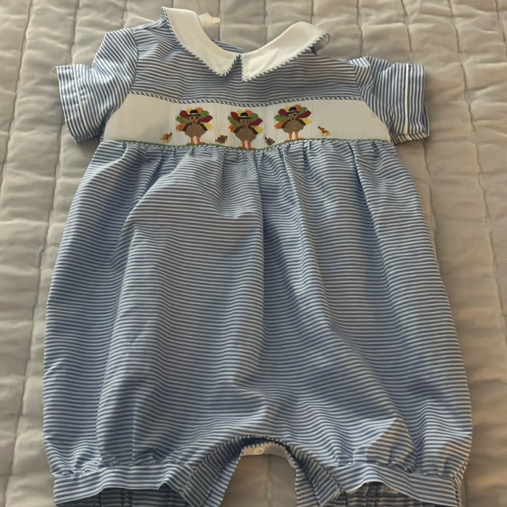 Blue Striped Smocked Turkey One-Piece Bodysuit for Kids